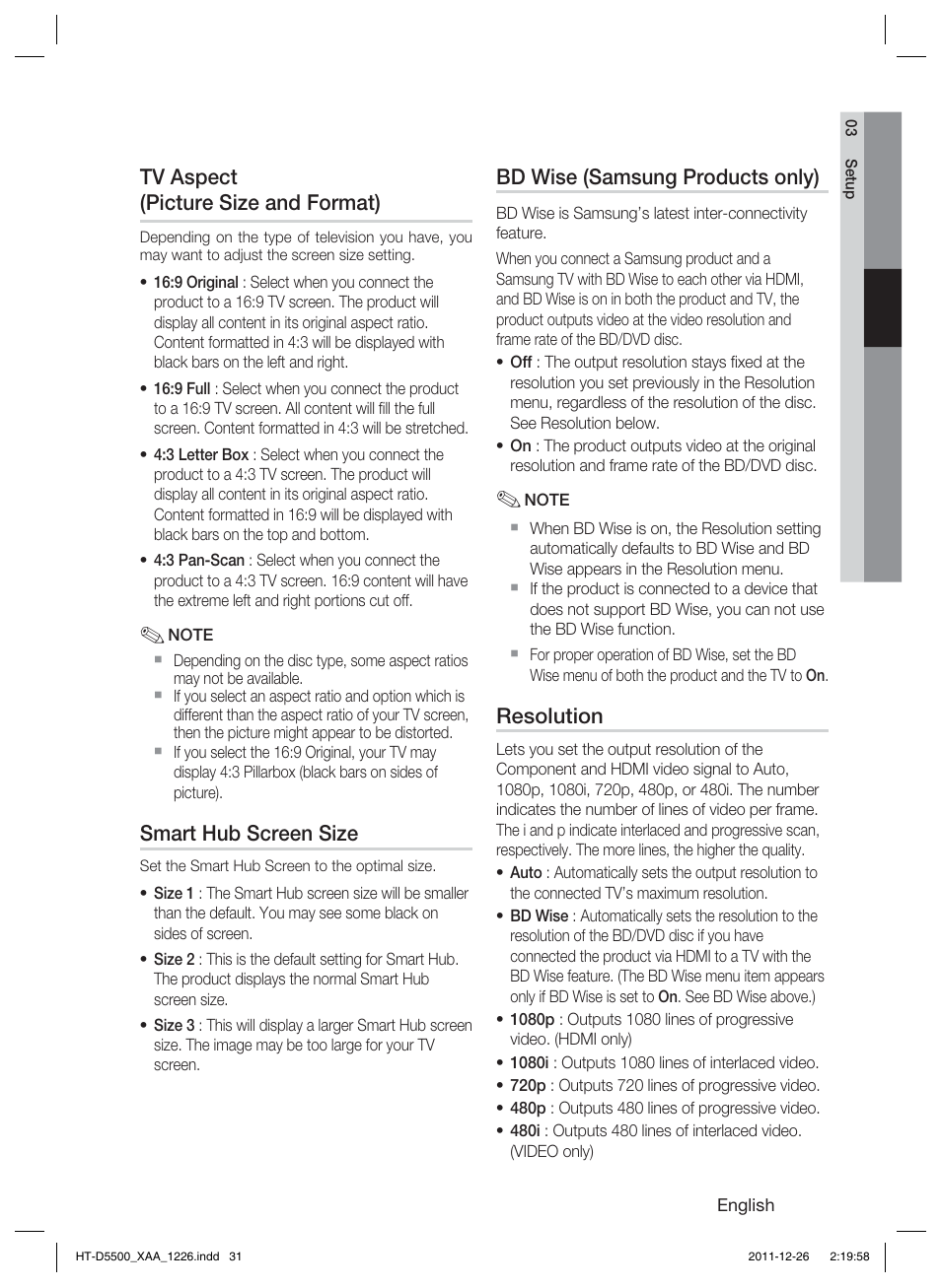 Tv aspect (picture size and format), Smart hub screen size, Bd wise (samsung products only) | Resolution | Samsung HT-D5500-ZA User Manual | Page 31 / 85