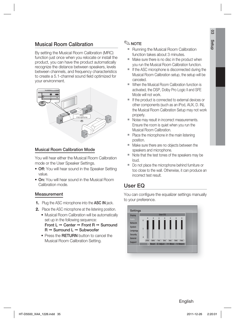 Musical room calibration, User eq, English | Musical room calibration mode, Measurement | Samsung HT-D5500-ZA User Manual | Page 35 / 85