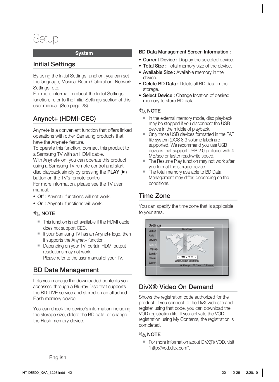 Setup, Initial settings, Anynet+ (hdmi-cec) | Bd data management, Time zone, Divx® video on demand | Samsung HT-D5500-ZA User Manual | Page 42 / 85