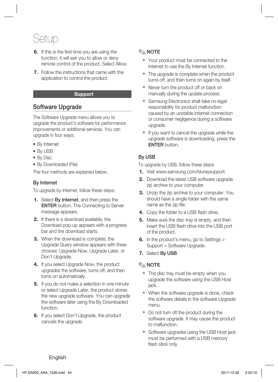 Setup, Software upgrade | Samsung HT-D5500-ZA User Manual | Page 44 / 85