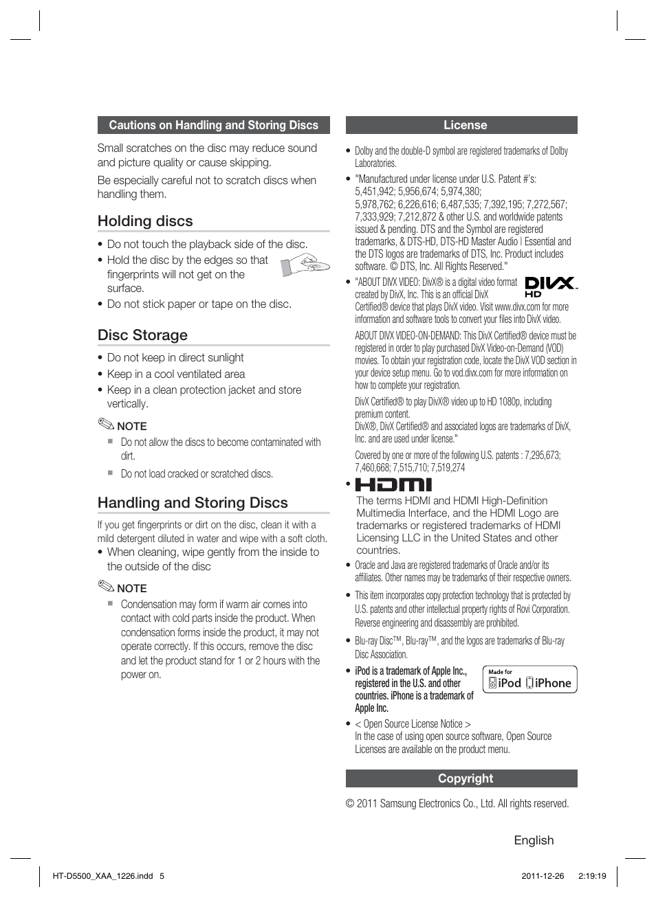 Holding discs, Disc storage, Handling and storing discs | Samsung HT-D5500-ZA User Manual | Page 5 / 85