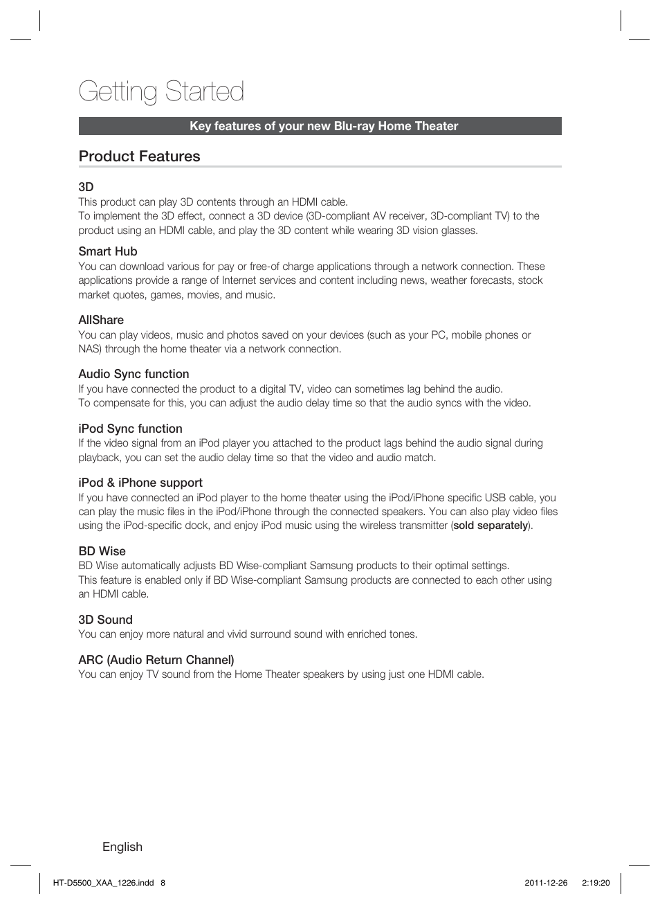 Getting started | Samsung HT-D5500-ZA User Manual | Page 8 / 85