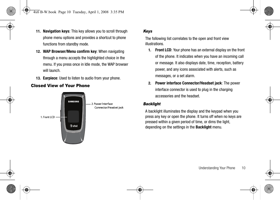Closed view of your phone, Keys, Backlight | Samsung SGH-A227HAAATT User Manual | Page 13 / 102
