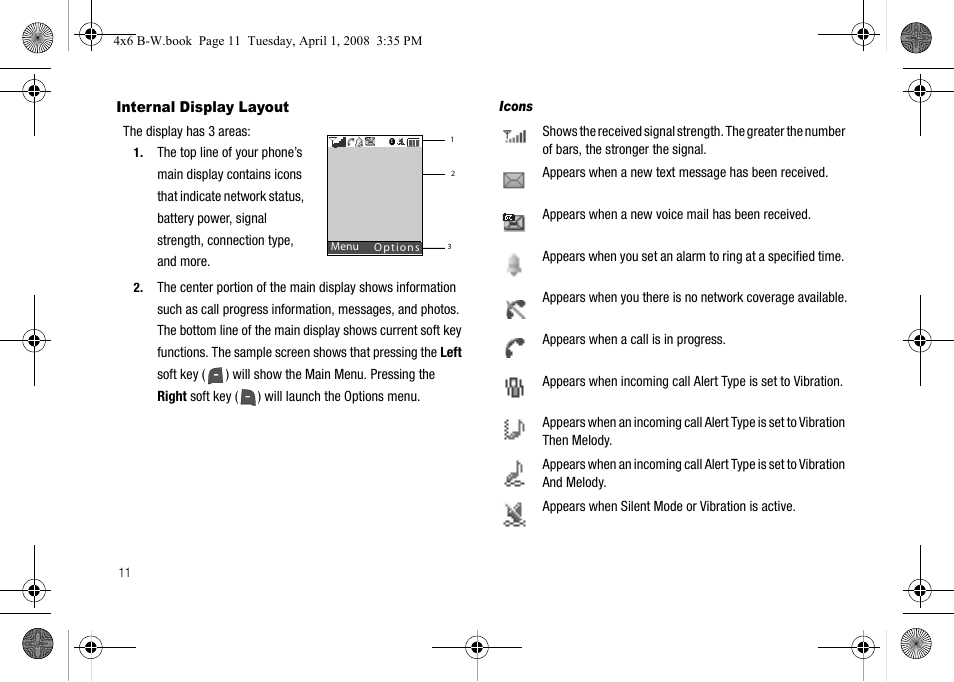 Internal display layout, Icons | Samsung SGH-A227HAAATT User Manual | Page 14 / 102