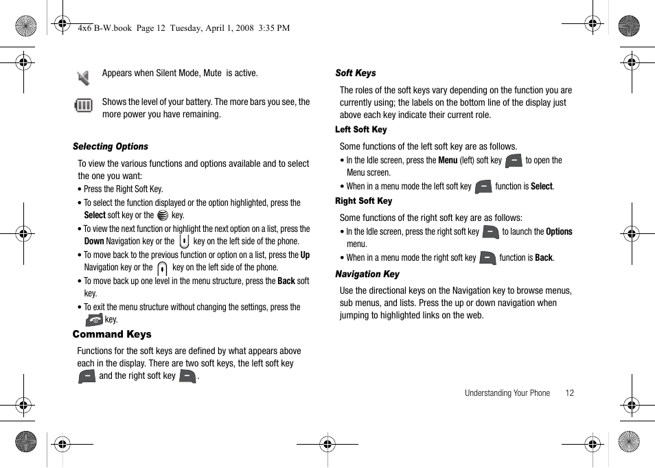 Selecting options, Command keys, Soft keys | Navigation key | Samsung SGH-A227HAAATT User Manual | Page 15 / 102