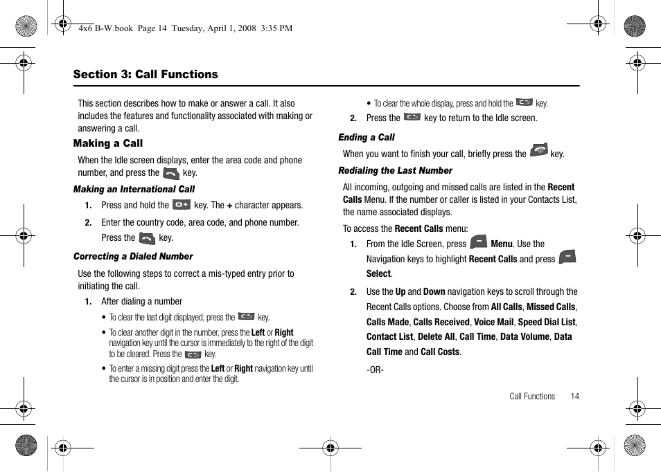 Section 3: call functions, Making a call, Making an international call | Correcting a dialed number, Ending a call, Redialing the last number | Samsung SGH-A227HAAATT User Manual | Page 17 / 102