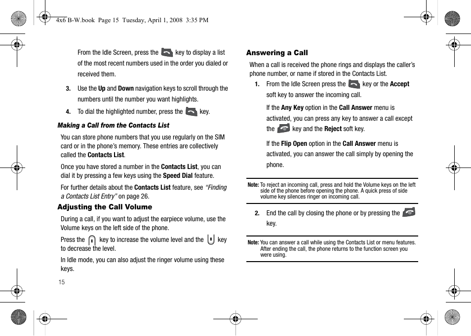 Making a call from the contacts list, Adjusting the call volume, Answering a call | Adjusting the call volume answering a call | Samsung SGH-A227HAAATT User Manual | Page 18 / 102