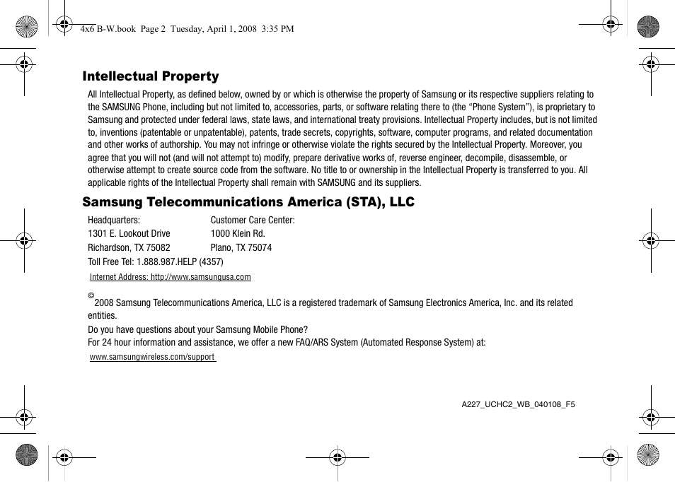 Intellectual property, Samsung telecommunications america (sta), llc | Samsung SGH-A227HAAATT User Manual | Page 2 / 102