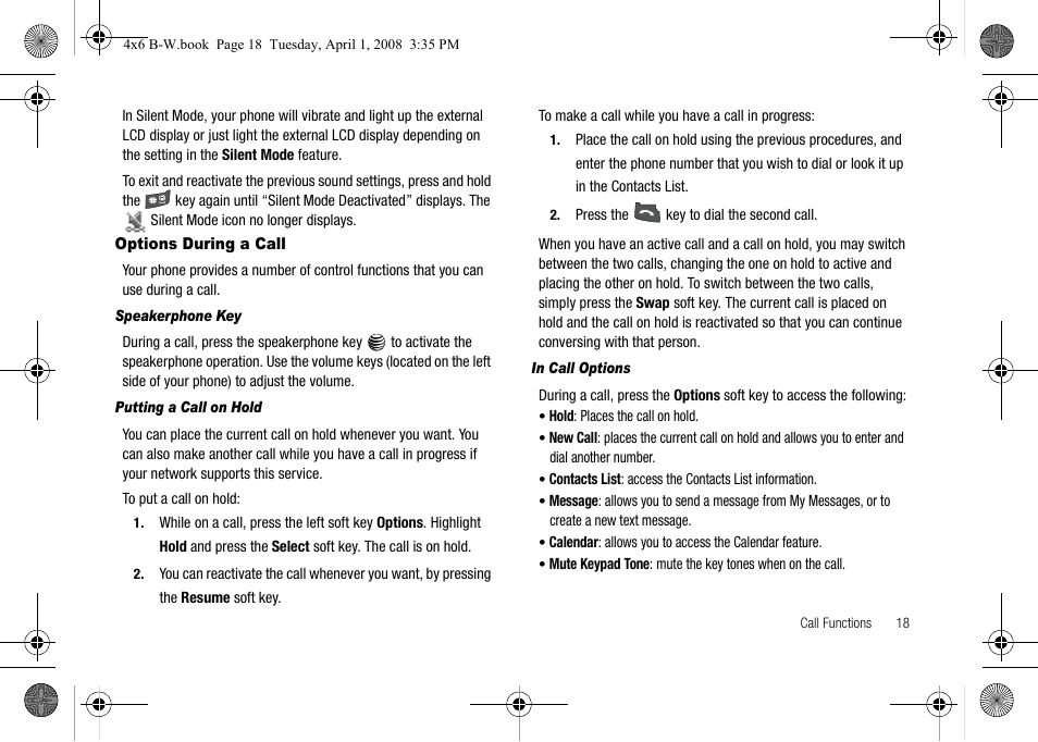 Options during a call, Speakerphone key, Putting a call on hold | In call options | Samsung SGH-A227HAAATT User Manual | Page 21 / 102