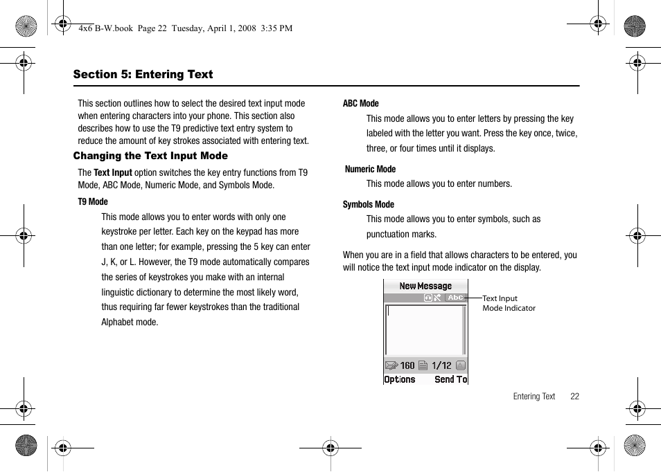 Section 5: entering text, Changing the text input mode | Samsung SGH-A227HAAATT User Manual | Page 25 / 102