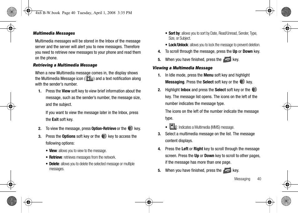 Multimedia messages, Retrieving a multimedia message, Viewing a multimedia message | Samsung SGH-A227HAAATT User Manual | Page 43 / 102