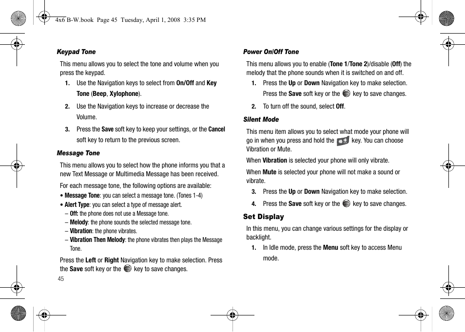 Keypad tone, Message tone, Power on/off tone | Silent mode, Set display | Samsung SGH-A227HAAATT User Manual | Page 48 / 102