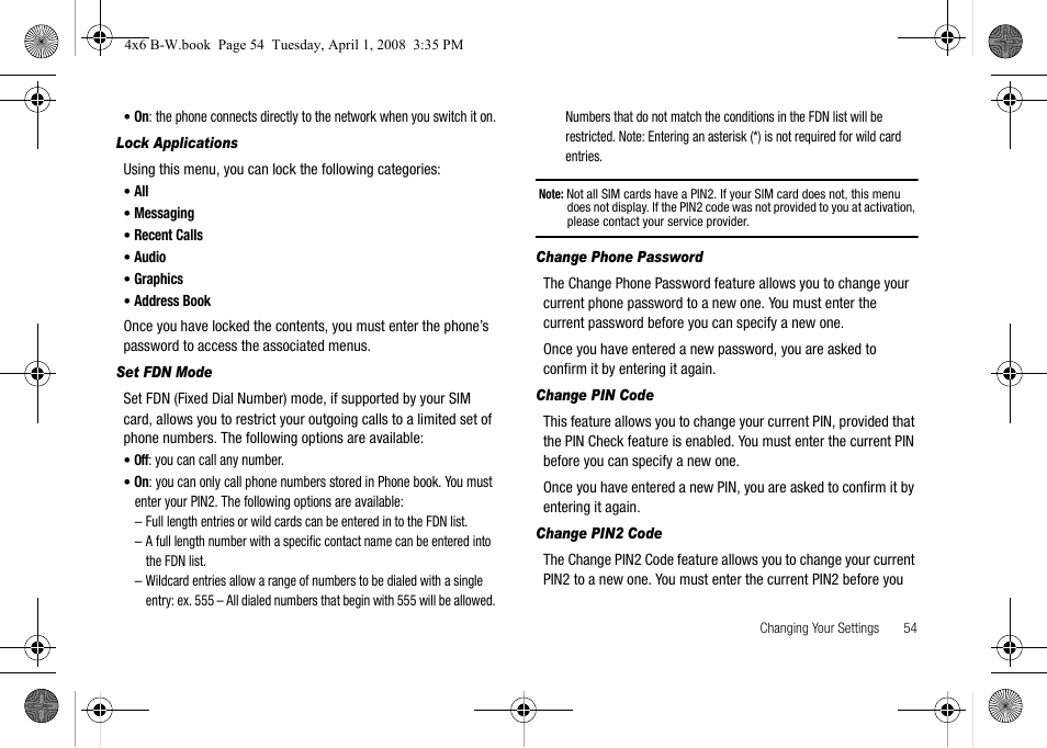 Lock applications, Set fdn mode, Change phone password | Change pin code, Change pin2 code | Samsung SGH-A227HAAATT User Manual | Page 57 / 102