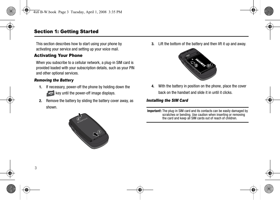 Section 1: getting started, Activating your phone, Removing the battery | Installing the sim card | Samsung SGH-A227HAAATT User Manual | Page 6 / 102