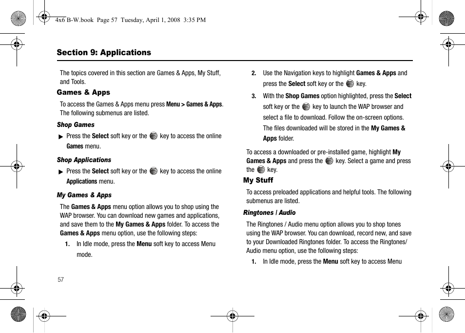 Section 9: applications, Games & apps, Shop games | Shop applications, My games & apps, My stuff, Ringtones / audio, Games & apps my stuff | Samsung SGH-A227HAAATT User Manual | Page 60 / 102