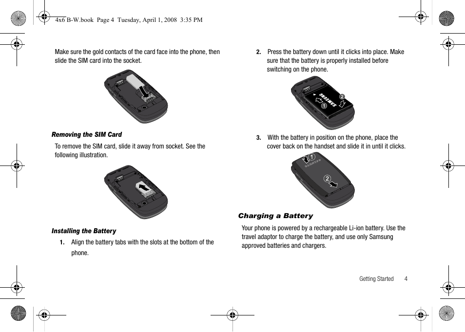 Removing the sim card, Installing the battery, Charging a battery | Samsung SGH-A227HAAATT User Manual | Page 7 / 102