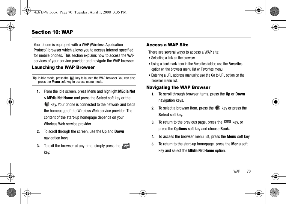 Section 10: wap, Launching the wap browser, Access a wap site | Navigating the wap browser | Samsung SGH-A227HAAATT User Manual | Page 73 / 102
