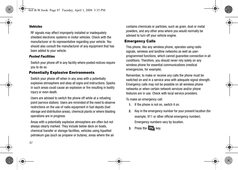 Vehicles, Posted facilities, Potentially explosive environments | Emergency calls, Potentially explosive environments emergency calls | Samsung SGH-A227HAAATT User Manual | Page 90 / 102