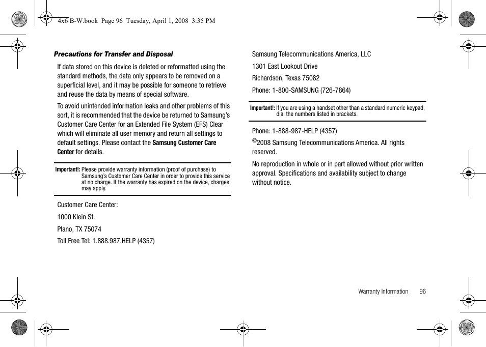 Precautions for transfer and disposal | Samsung SGH-A227HAAATT User Manual | Page 99 / 102