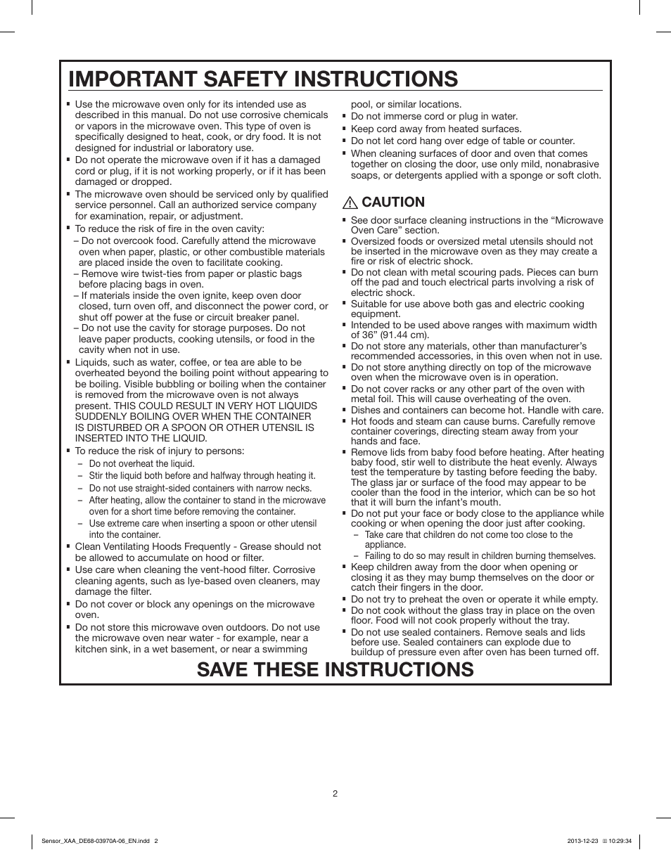 Important safety instructions, Save these instructions, Caution | Samsung ME18H704SFB-AA User Manual | Page 2 / 6
