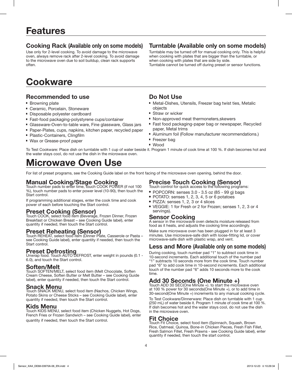 Microwave oven use, Cookware, Features | Manual cooking/stage cooking, Preset cooking (sensor), Preset reheating (sensor), Preset defrosting, Soften/melt, Snack menu, Kids menu | Samsung ME18H704SFB-AA User Manual | Page 4 / 6