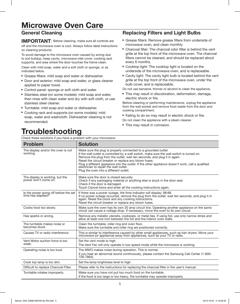 Microwave oven care troubleshooting, General cleaning important, Replacing filters and light bulbs | Problem solution | Samsung ME18H704SFB-AA User Manual | Page 5 / 6