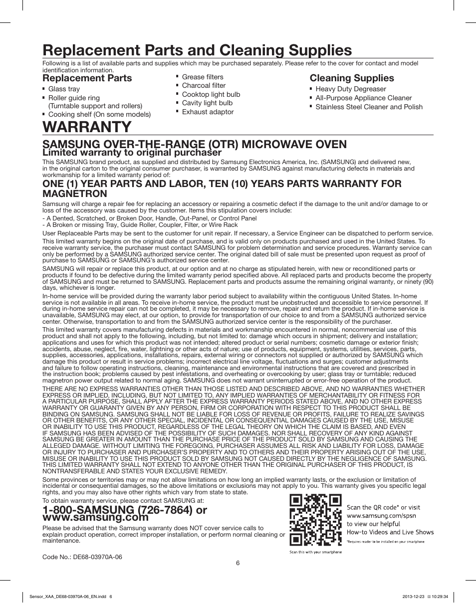 Replacement parts and cleaning supplies, Warranty, Samsung over-the-range (otr) microwave oven | Replacement parts, Cleaning supplies, Limited warranty to original purchaser | Samsung ME18H704SFB-AA User Manual | Page 6 / 6