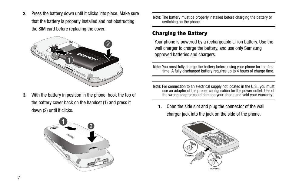 Charging the battery | Samsung SGH-A637CWAATT User Manual | Page 10 / 166