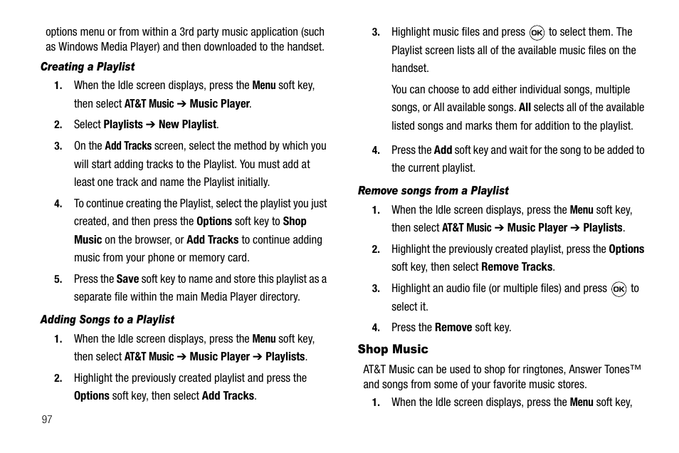 Creating a playlist, Adding songs to a playlist, Remove songs from a playlist | Shop music | Samsung SGH-A637CWAATT User Manual | Page 100 / 166