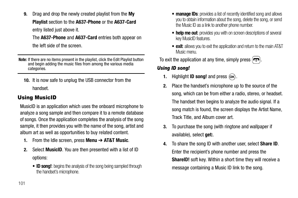 Using musicid, Using id song | Samsung SGH-A637CWAATT User Manual | Page 104 / 166
