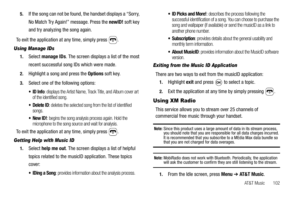 Using manage ids, Getting help with music id, Exiting from the music id application | Using xm radio | Samsung SGH-A637CWAATT User Manual | Page 105 / 166