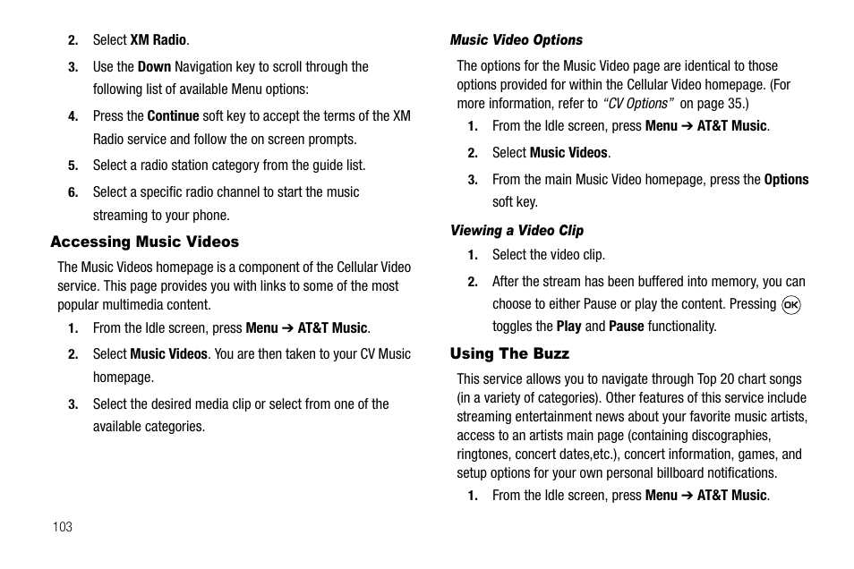 Accessing music videos, Music video options, Viewing a video clip | Using the buzz, Accessing music videos using the buzz | Samsung SGH-A637CWAATT User Manual | Page 106 / 166