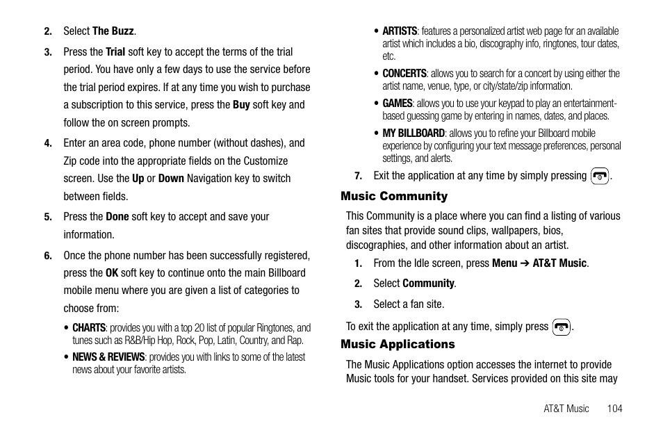 Music community, Music applications, Music community music applications | Samsung SGH-A637CWAATT User Manual | Page 107 / 166