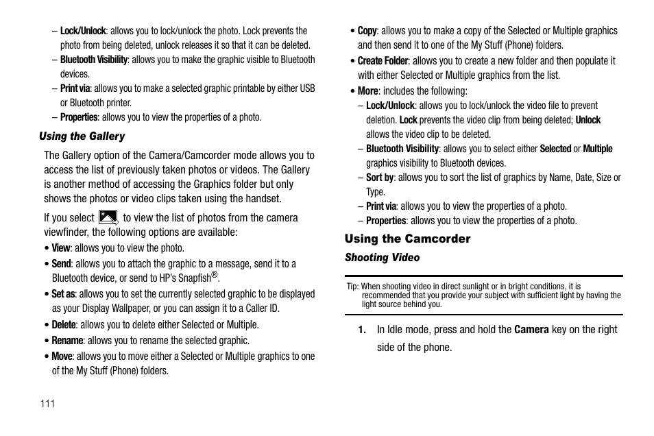 Using the gallery, Using the camcorder, Shooting video | Samsung SGH-A637CWAATT User Manual | Page 114 / 166