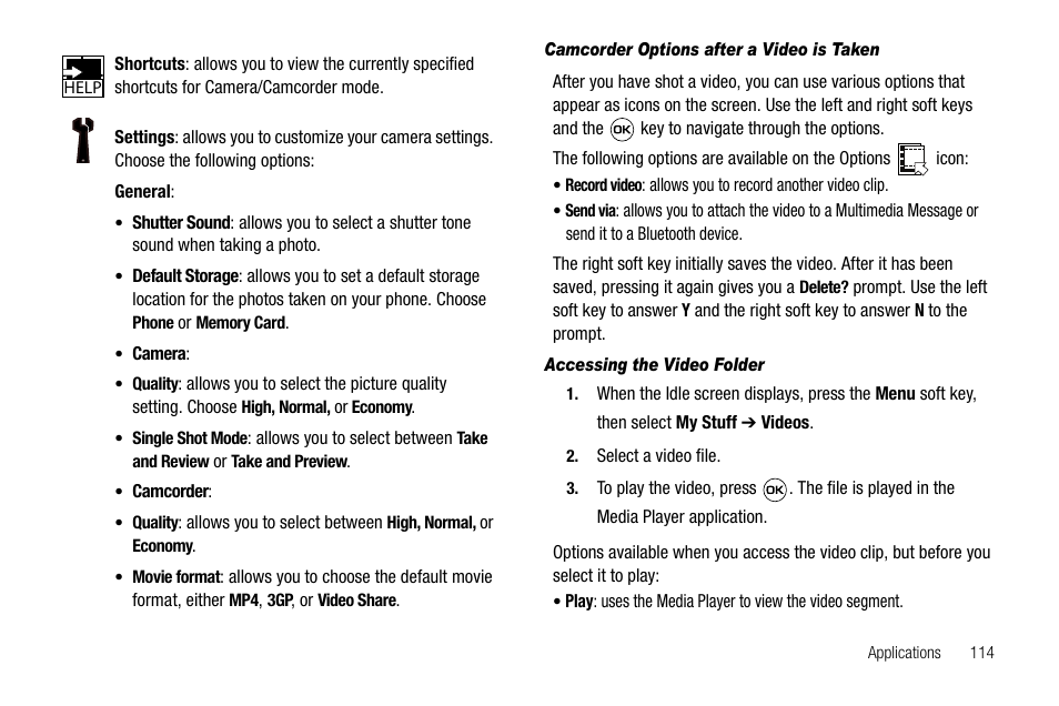 Camcorder options after a video is taken, Accessing the video folder | Samsung SGH-A637CWAATT User Manual | Page 117 / 166