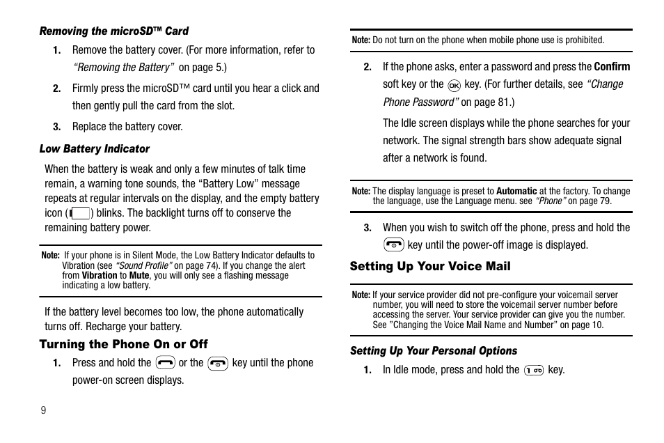 Removing the microsd™ card, Low battery indicator, Turning the phone on or off | Setting up your voice mail, Setting up your personal options | Samsung SGH-A637CWAATT User Manual | Page 12 / 166