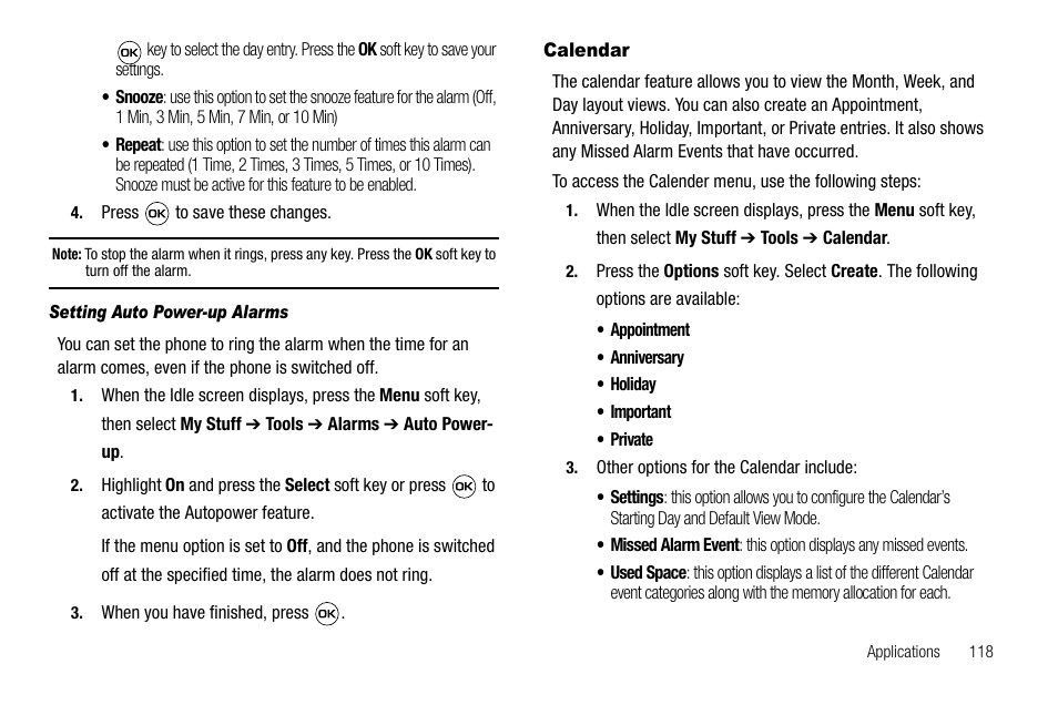 Setting auto power-up alarms, Calendar | Samsung SGH-A637CWAATT User Manual | Page 121 / 166