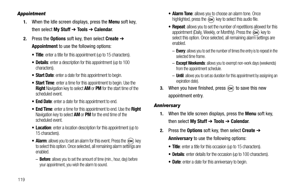 Appointment, Anniversary | Samsung SGH-A637CWAATT User Manual | Page 122 / 166