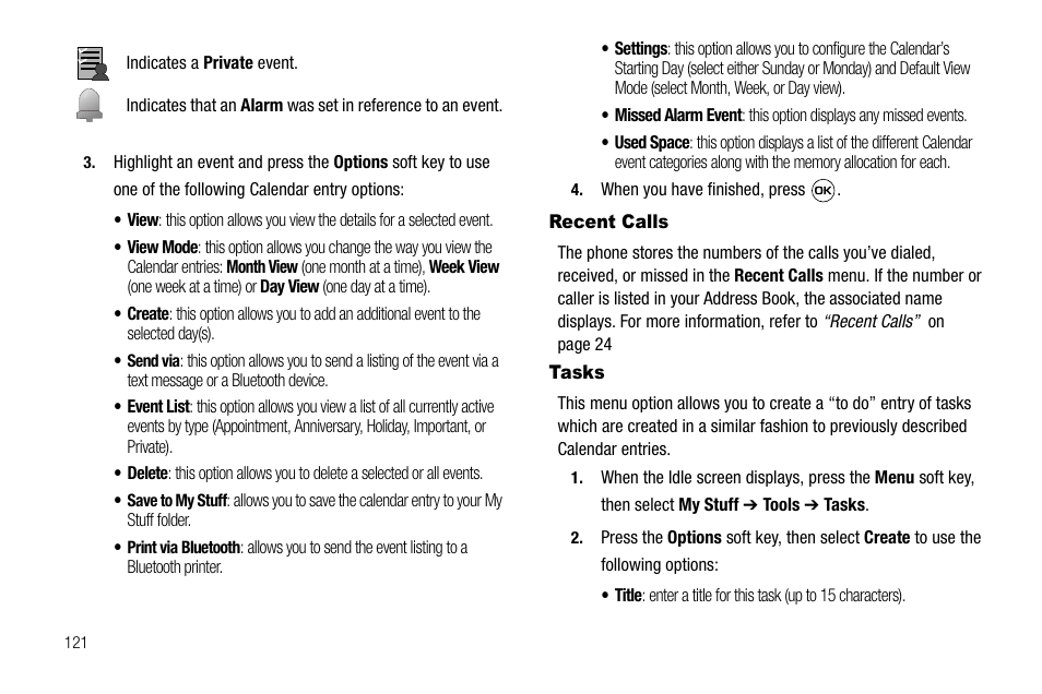 Recent calls, Tasks, Recent calls tasks | Samsung SGH-A637CWAATT User Manual | Page 124 / 166