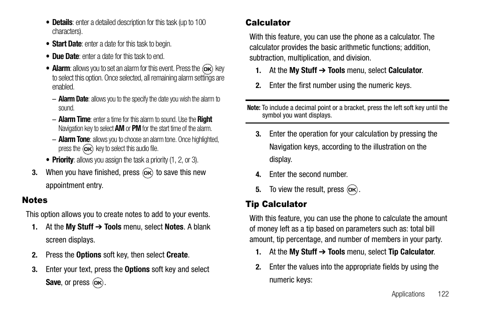 Notes, Calculator, Tip calculator | Notes calculator | Samsung SGH-A637CWAATT User Manual | Page 125 / 166