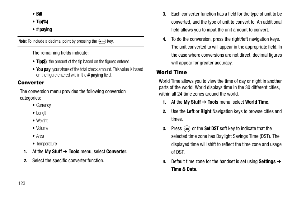 Converter, World time, Converter world time | Samsung SGH-A637CWAATT User Manual | Page 126 / 166