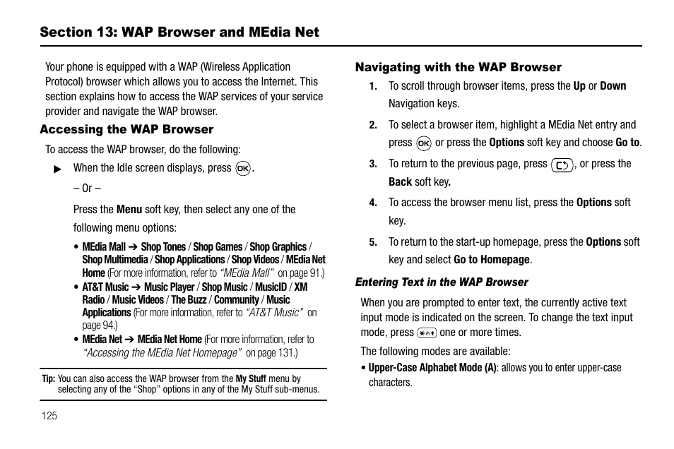 Section 13: wap browser and media net, Accessing the wap browser, Navigating with the wap browser | Entering text in the wap browser | Samsung SGH-A637CWAATT User Manual | Page 128 / 166