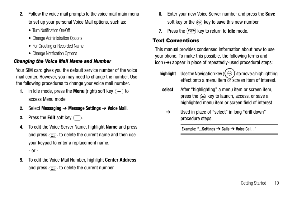 Changing the voice mail name and number, Text conventions | Samsung SGH-A637CWAATT User Manual | Page 13 / 166