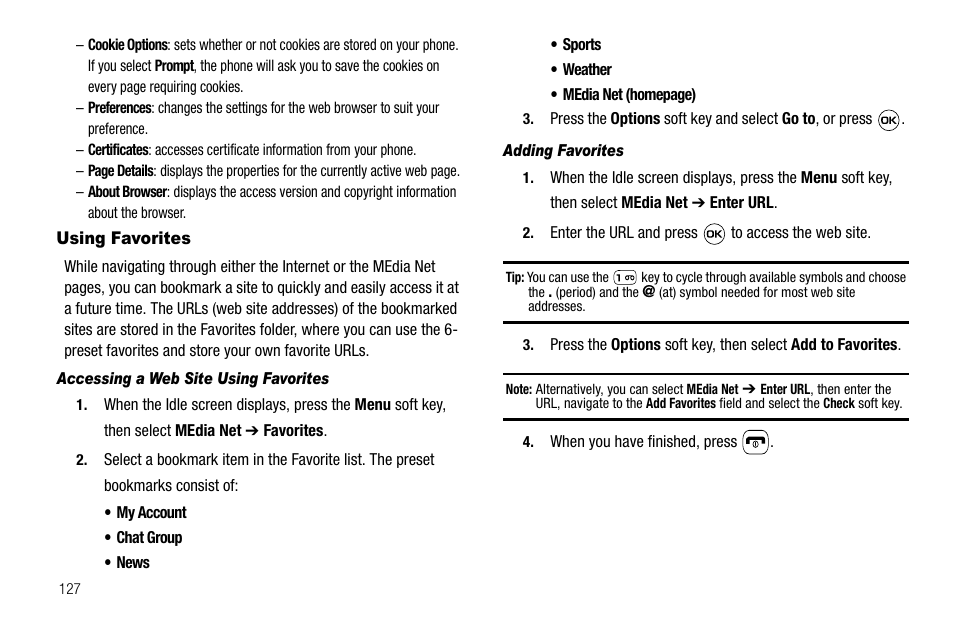 Using favorites, Accessing a web site using favorites, Adding favorites | Samsung SGH-A637CWAATT User Manual | Page 130 / 166