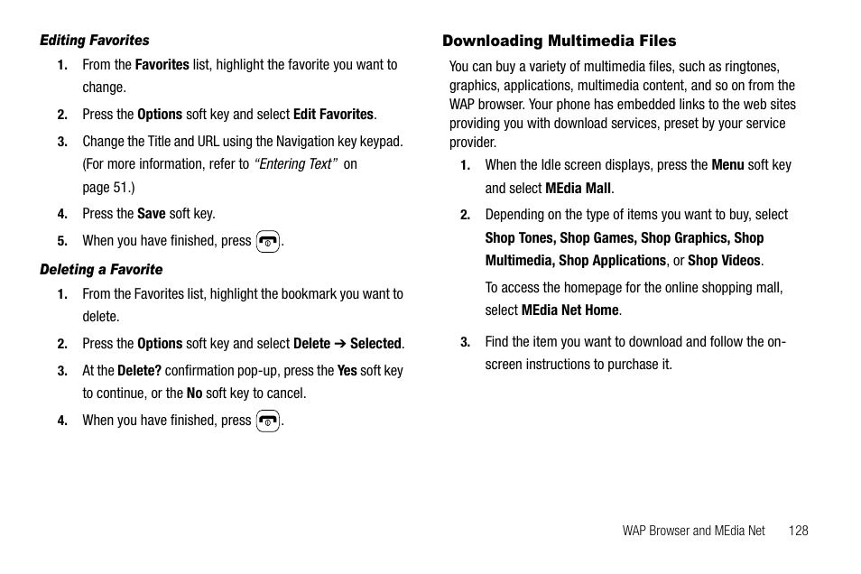 Editing favorites, Deleting a favorite, Downloading multimedia files | Samsung SGH-A637CWAATT User Manual | Page 131 / 166