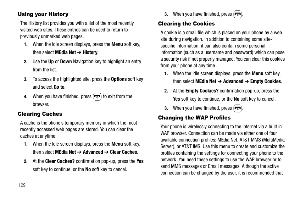 Using your history, Clearing caches, Clearing the cookies | Changing the wap profiles | Samsung SGH-A637CWAATT User Manual | Page 132 / 166