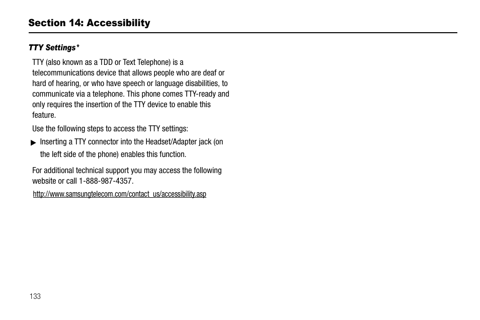 Section 14: accessibility, Tty settings | Samsung SGH-A637CWAATT User Manual | Page 136 / 166