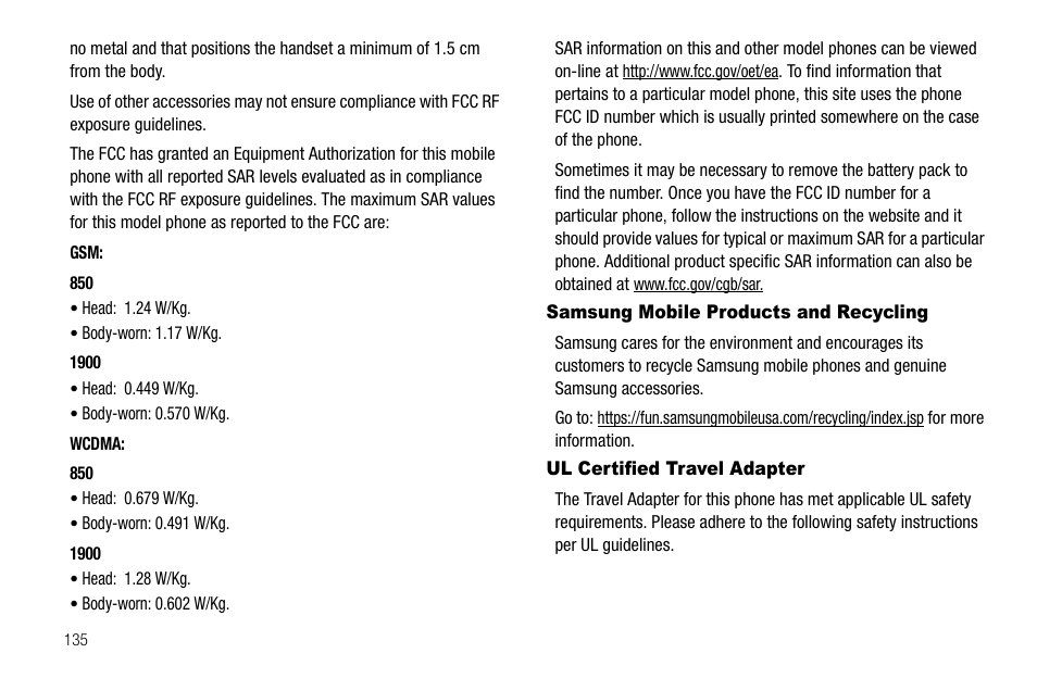 Samsung mobile products and recycling, Ul certified travel adapter | Samsung SGH-A637CWAATT User Manual | Page 138 / 166