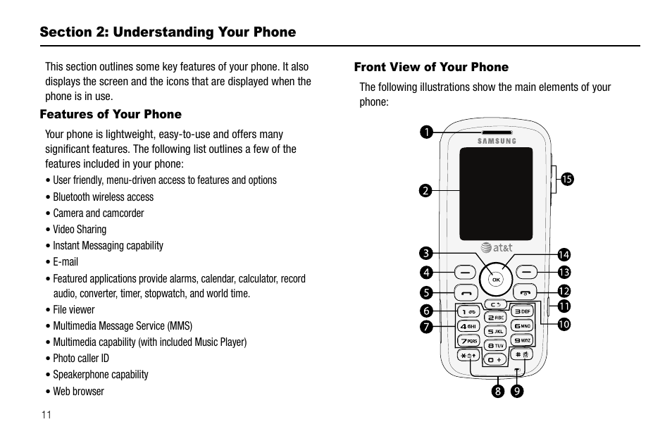 Section 2: understanding your phone, Features of your phone, Front view of your phone | Features of your phone front view of your phone | Samsung SGH-A637CWAATT User Manual | Page 14 / 166