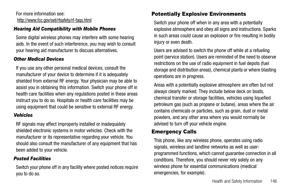 Hearing aid compatibility with mobile phones, Other medical devices, Vehicles | Posted facilities, Potentially explosive environments, Emergency calls, Potentially explosive environments emergency calls | Samsung SGH-A637CWAATT User Manual | Page 149 / 166